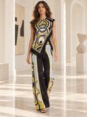 Retro Geometric Print Tassel Trim Asymmetric Top & Pants Two-Piece Set