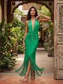Emerald Green Halter Fringe Maxi Dress