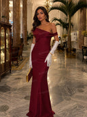 Elegant Burgundy One-Shoulder Draped Satin Maxi Dress