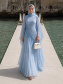 Elegant Pleated High-Neck Cape Sleeve Chiffon Maxi Dress