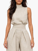 Elegant Linen High-Neck Top & Wide-Leg Pants Two-Piece Set