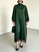 Elegant Color-Block Reversible Satin Lace-Trim Maxi Dress