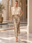 Elegant Sleeveless Blouse & Sequin Midi Skirt Two-Piece Set