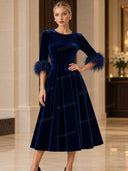 Elegant Velvet Feather Cuff Midi Dress