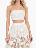 Elegant Strapless Floral Lace Crop Top & Maxi Skirt Two-Piece Set