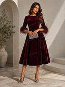 Elegant Velvet Feather Cuff Midi Dress