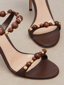 Wood Beaded Ankle-Wrap Stiletto Heeled Sandals