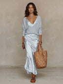 Elegant Knit V-Neck Sweater & Satin Slip Dress Two-Piece Set