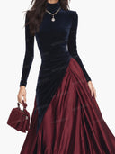 Elegant Velvet Satin Color-blocked Maxi Dress