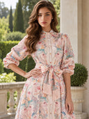 Exquisite Pastel Print Tie-Front Shirt Maxi Dress