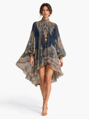 Elegant Vintage Print High Neck Flowy Mini Dress
