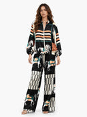 Casual Artistic Print Zip-Up Shirt & Wide-Leg Pants Two-Piece Set