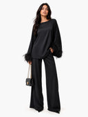 Elegant Feather-Trim Batwing Top & Pants Two-Piece Set