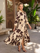 Elegant Floral Print Belted Maxi Shirt Dress