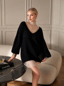 Elegant Lace Trim Knit Mini Dress