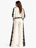 Casual Contrast Lace Bomber Jacket & Wide Leg Pants Two Piece Set