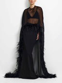 Elegant Sheer Feather Trim Top & Mermaid Maxi Skirt Two-Piece Set