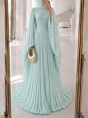 Elegant Pleated High-Neck Cape Sleeve Chiffon Maxi Dress