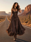 Sexy Lace V-Neck Ruffled Flowy Midi Dress