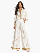 Elegant Butterfly Print Zip-Up Top & Wide Leg Pants Set
