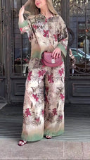 Leopard Floral Satin Two-Piece Wide Leg Set