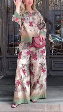 Leopard Floral Satin Two-Piece Wide Leg Set