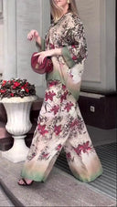 Leopard Floral Satin Two-Piece Wide Leg Set