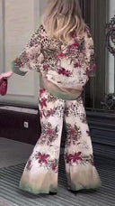 Leopard Floral Satin Two-Piece Wide Leg Set