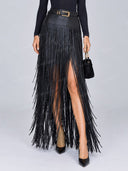Elegant Fitted Long Sleeve Top & Fringe Maxi Skirt Two Piece Set