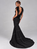 Elegant Feather Trim Mermaid Evening Maxi Dress