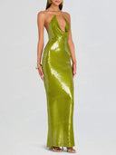 Sexy Sequin Halter Neck Cutout Maxi Dress