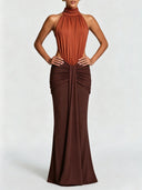 Elegant Ruched Halter Neck Cutout Maxi Dress