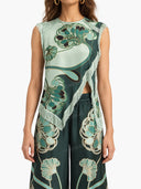 Retro Artistic Print Fringe Trim Asymmetrical Top & Pants Two-Piece Set