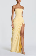 Strapless Pleated Slit Maxi Dress