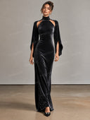 Velvet High Neck Cutout Cape Sleeve Maxi Dress