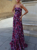Elegant Abstract Print Ruched Spaghetti Strap Maxi Dress