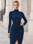 Elegant Turtleneck Draped Side Slit Midi Dress