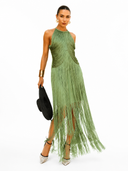 Fashion Elegant Sleeveless Halter Neck Tassel Slim Maxi Dress