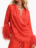 Elegant Feather Trim Jacquard Wrap Blouse & Pants Two-Piece Set