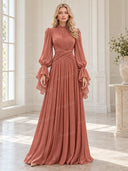 Elegant Pleated Flowy Long-Sleived Maxi Dress