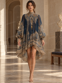 Elegant Vintage Print High Neck Flowy Mini Dress