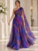 Elegant One-Shoulder Printed Tulle Cape Maxi Dress