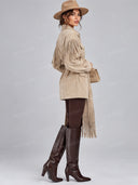 Western Fringe Belted Shirt Jacket