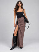 Minimalist Square Neck Bodysuit and Draped Slit Skirt Set