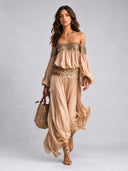 Elegant Off-Shoulder Sequin Embellished Flowy Maxi Dress Two-Piece Set