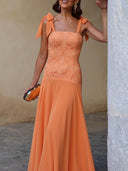 Elegant Lace Bodice Tie-Shoulder Chiffon Maxi Dress