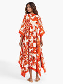 Elegant Self-Tie Satin Print Flowing Kaftan Maxi Dress