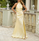 Elegant halter backless ruched high slit satin maxi dress