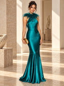 Elegant Feather Trim Satin Halter Mermaid Maxi Dress