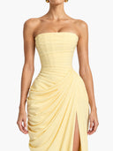 Strapless Pleated Slit Maxi Dress